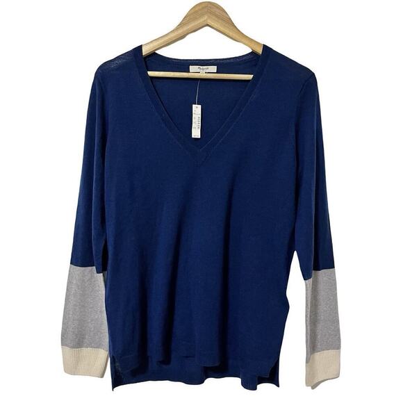 Madewell Merino Wool V Neck Sweater Size L Navy Capsule Quiet Luxury NEW - Picture 1 of 8